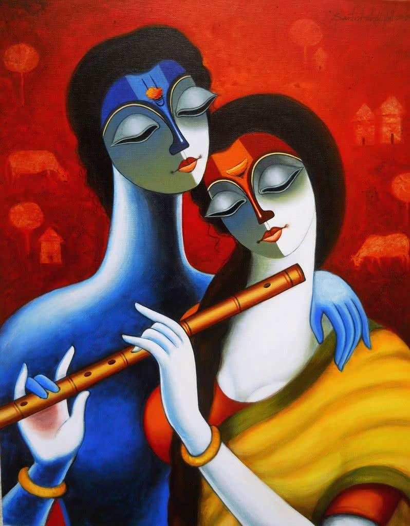 Figurative acrylic painting titled 'Harmony', 24x30 inches, by artist Santosh Chattopadhyay on Canvas