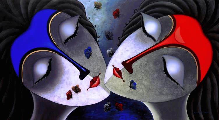 Religious acrylic painting titled 'Harmony', 48x87 inches, by artist Santosh Chattopadhyay on Canvas