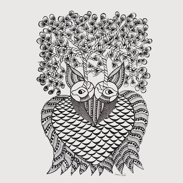 Haunting Owl Gond Art Painting by Kishan Uikey | ArtZolo.com