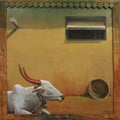 Cityscape acrylic painting titled 'Holy Cow', 60x60 inches, by artist Gopal Pardeshi on Canvas