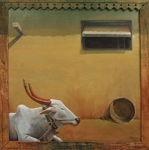 Cityscape acrylic painting titled 'Holy Cow', 60x60 inches, by artist Gopal Pardeshi on Canvas