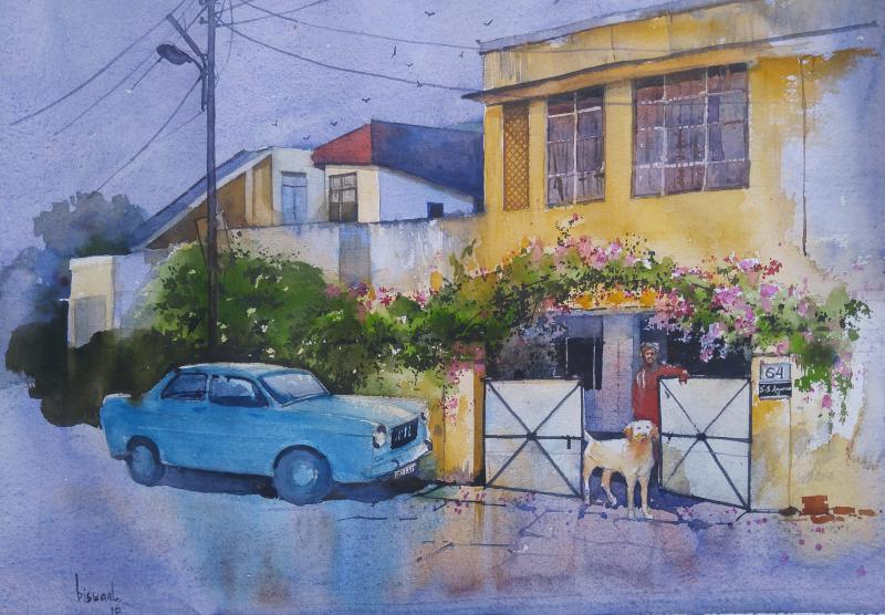 Cityscape watercolor painting titled 'Home', 16x22 inches, by artist Bijay Biswaal on Paper