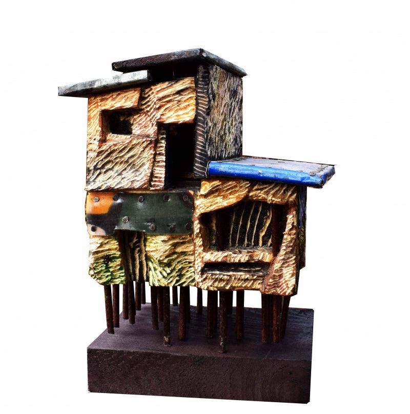 Landscape sculpture titled 'Home', 10x7x5 inches, by artist Nilmoni Chatterjee on Wood, Iron, Tin