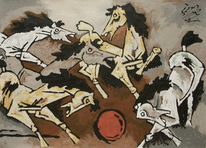 Animals serigraphs painting titled 'Horse 4', 60x84 inches, by artist M. F. Husain on Paper