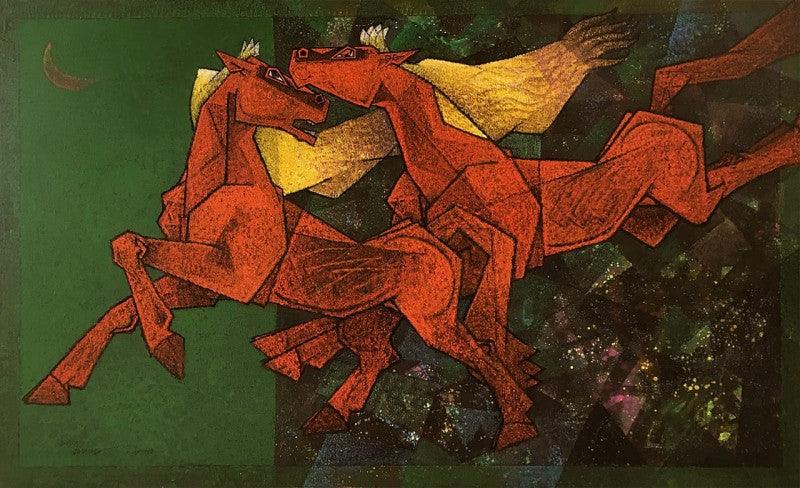 Animals acrylic painting titled 'Horse Indecent Love', 30x42 inches, by artist Dinkar Jadhav on Canvas