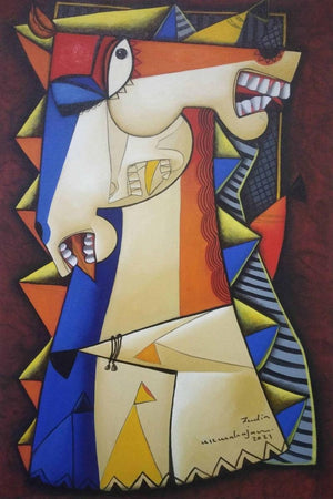 Horses (Cubist Horses) by Arvind R Mahajan, Original Acrylic Animal Painting on Canvas, Medium Vertical Wall Art