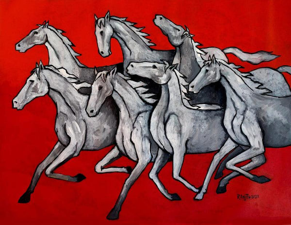 Horses In Red Painting by Ranjith Raghupathy | ArtZolo.com