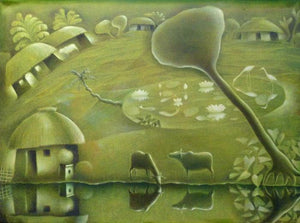 Cityscape acrylic painting titled 'House By The River', 36x48 inches, by artist Subash Pal on Canvas