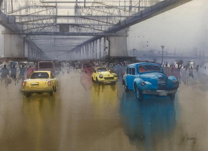 Cityscape watercolor painting titled 'Howrah Bridge', 22x30 inches, by artist Bijay Biswaal on Paper