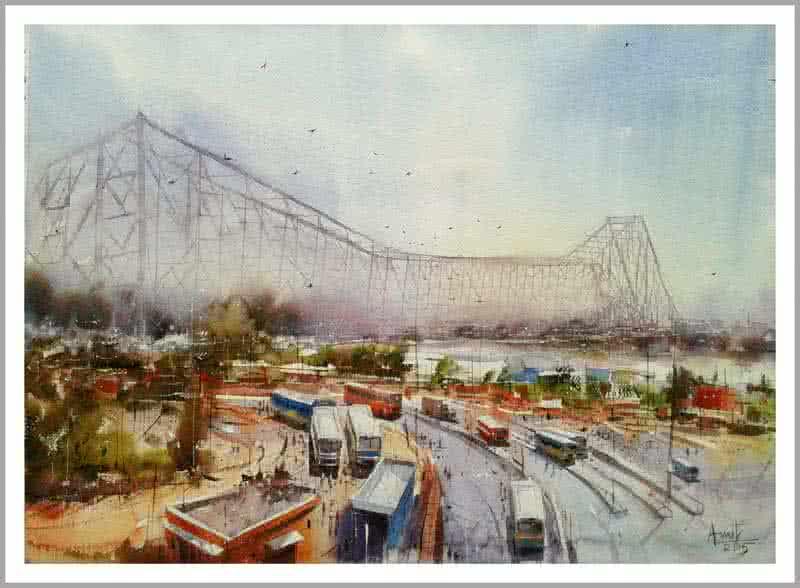 Cityscape watercolor painting titled 'Howrah Bridge in Kolkata', 22x30 inches, by artist Amit Kapoor on Paper