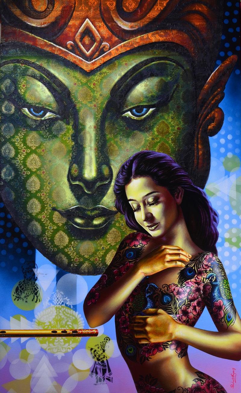 Figurative acrylic painting titled 'In Love', 60x36 inches, by artist Prashanta Nayak on Canvas