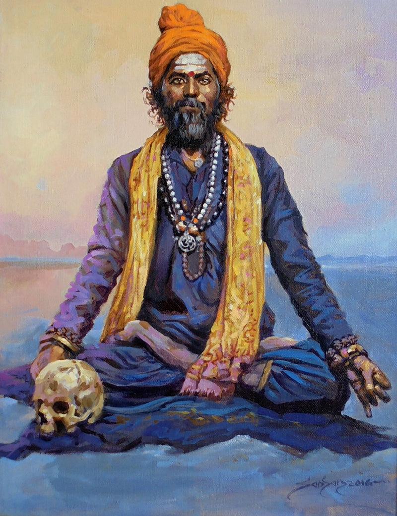 Religious acrylic painting titled 'Indian Sadhu', 18x14 inches, by artist Sanjay Dorlikar on Canvas