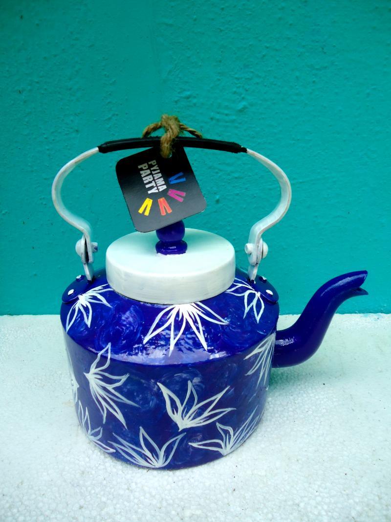Lifestyle craft titled 'Indigo hues Tea Kettle', 9x9x7 inches, by artist Rithika Kumar on Aluminium