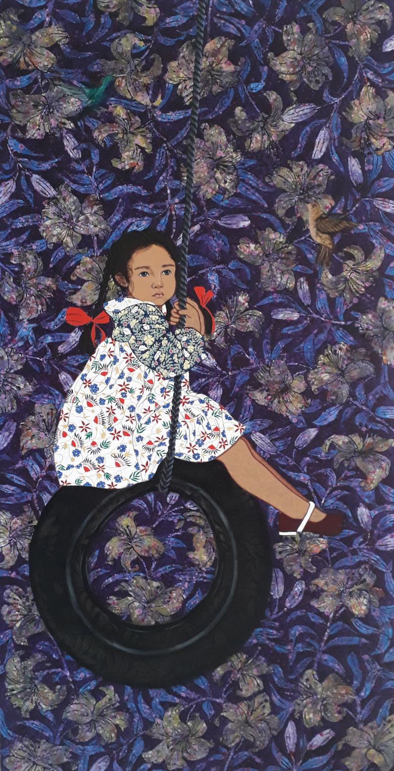 Figurative acrylic painting titled 'Innocence', 60x30 inches, by artist Monica Ghule on Canvas