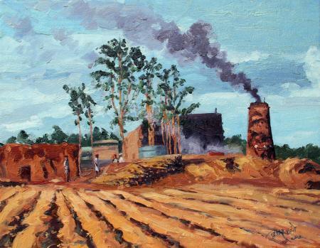 Landscape oil painting titled 'Jaggery Factory', 14x18 inches, by artist Tushar Patange on Canvas