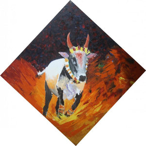 Animals acrylic painting titled 'Jallikattu', 36x36 inches, by artist Vignesh Kumar on Canvas