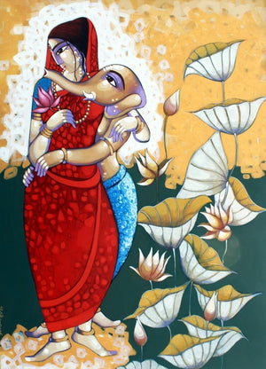 Religious acrylic painting titled 'Janani', 66x48 inches, by artist Sekhar Roy on Canvas