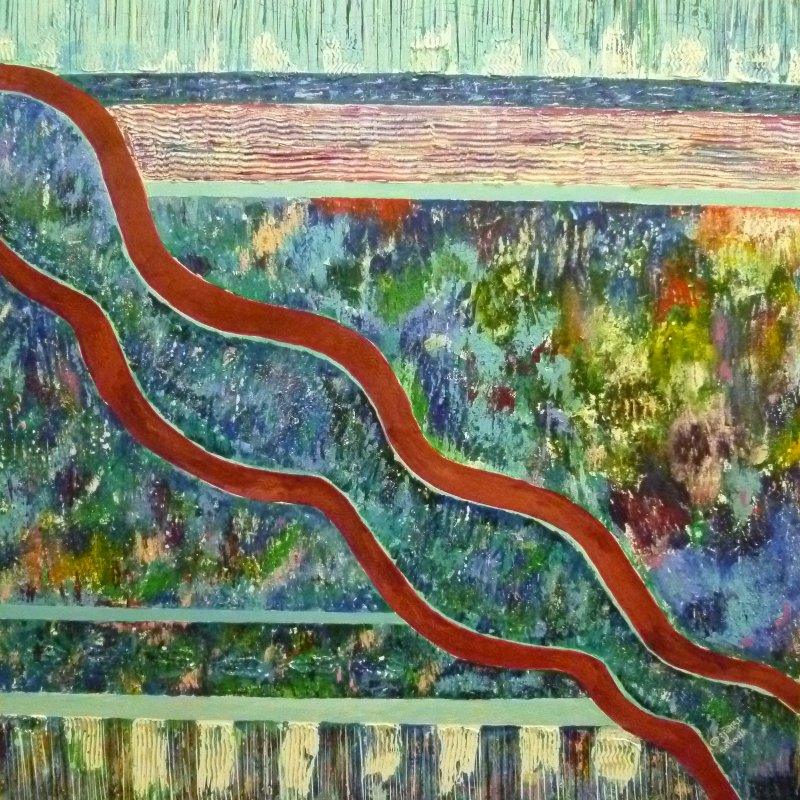 Abstract acrylic painting titled 'Journey', 48x48 inches, by artist Subodh Maheshwari on Canvas