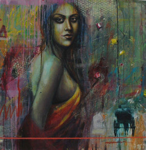 Journey Of Life by Harisadhan Dey, Original Acrylic Figurative Painting on Canvas, Medium Square Wall Art