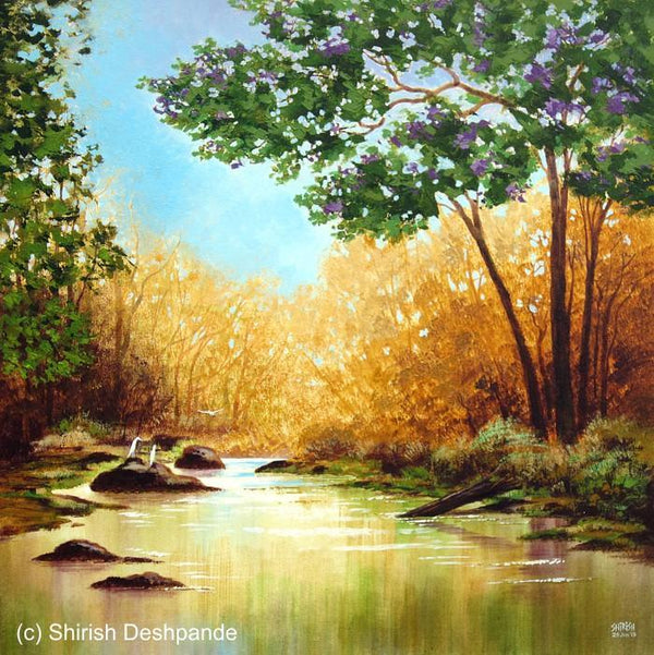 Jungle Stream Summer Painting by Shirish Deshpande | ArtZolo.com