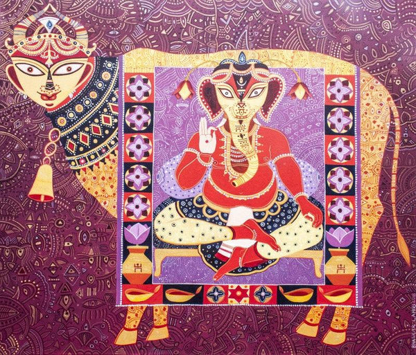 Kaamdhenu With Shree Ganesha Painting by Bhaskar Lahiri | ArtZolo.com