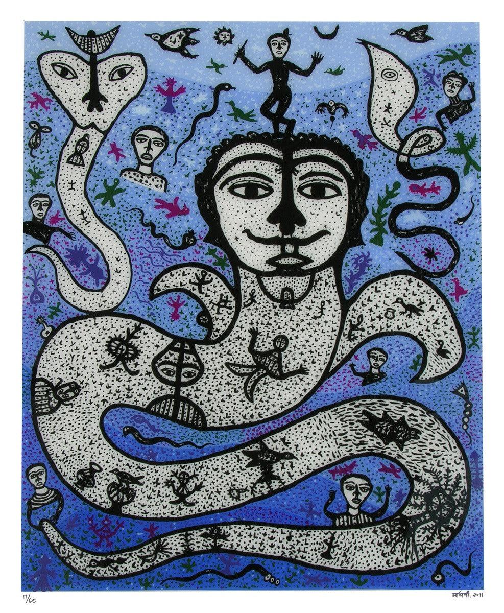 Religious reverse serigraph painting titled 'Kalia Daman', 48x40 inches, by artist Madhvi Parekh on Acrylic
