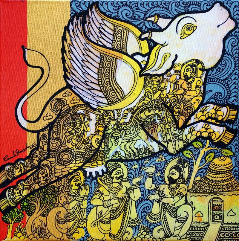 Religious acrylic painting titled 'Kamadhenu', 12x12 inches, by artist Ramesh Gorjala on Canvas