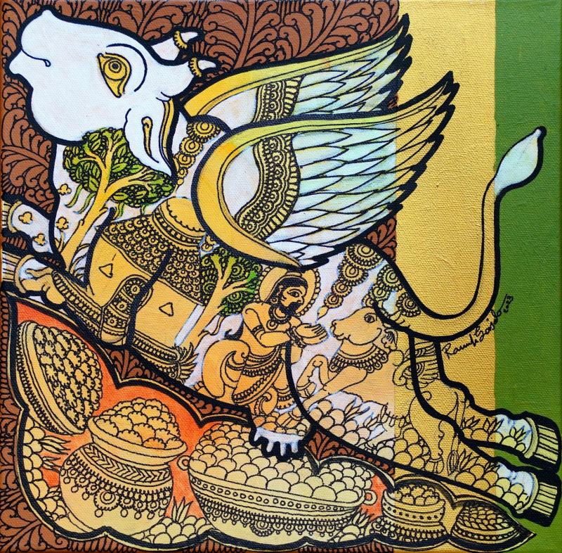 Religious acrylic painting titled 'Kamadhenu', 12x12 inches, by artist Ramesh Gorjala on Canvas