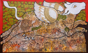Religious acrylic painting titled 'Kamadhenu', 36x60 inches, by artist Ramesh Gorjala on Canvas