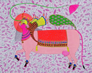 Religious mixed media painting titled 'Kamadhenu', 19x24 inches, by artist Priti Singh on Canvas