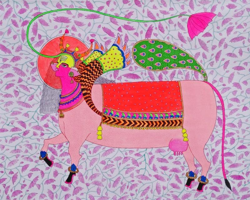 Religious mixed media painting titled 'Kamadhenu', 19x24 inches, by artist Priti Singh on Canvas