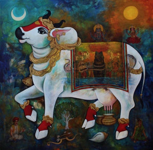 Religious acrylic painting titled 'Kamadhenu', 48x48 inches, by artist N P Rajeshwarr on Canvas