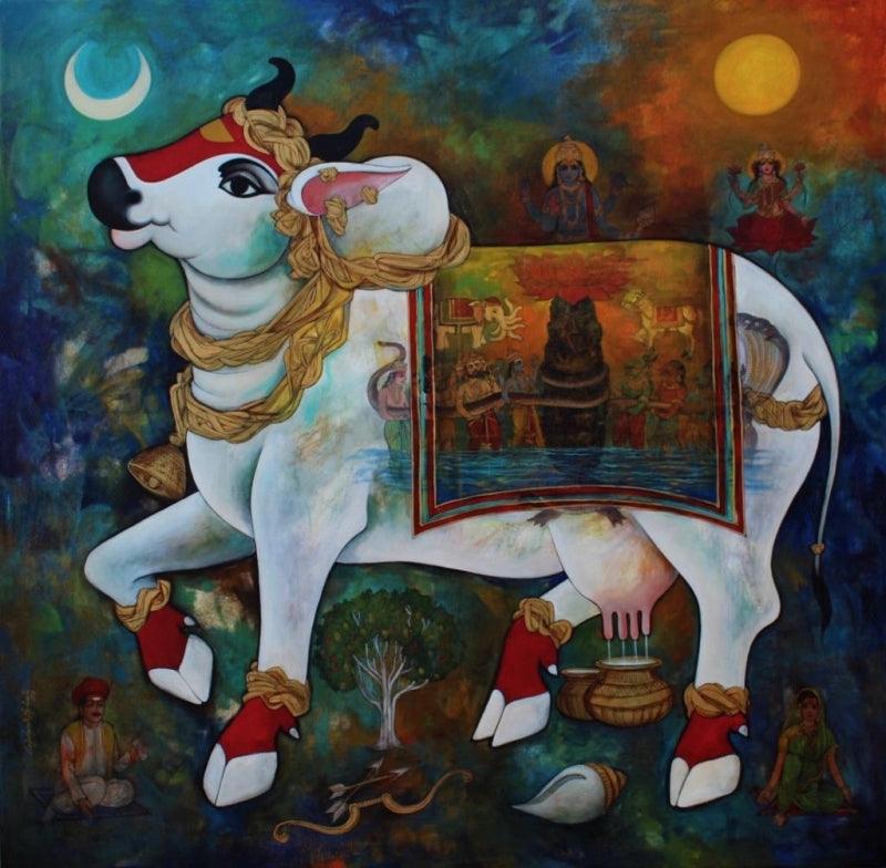 Religious acrylic painting titled 'Kamadhenu', 48x48 inches, by artist N P Rajeshwarr on Canvas
