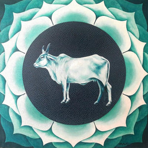 Animals acrylic painting titled 'Kamadhenu', 24x24 inches, by artist Rohit Sharma on Canvas