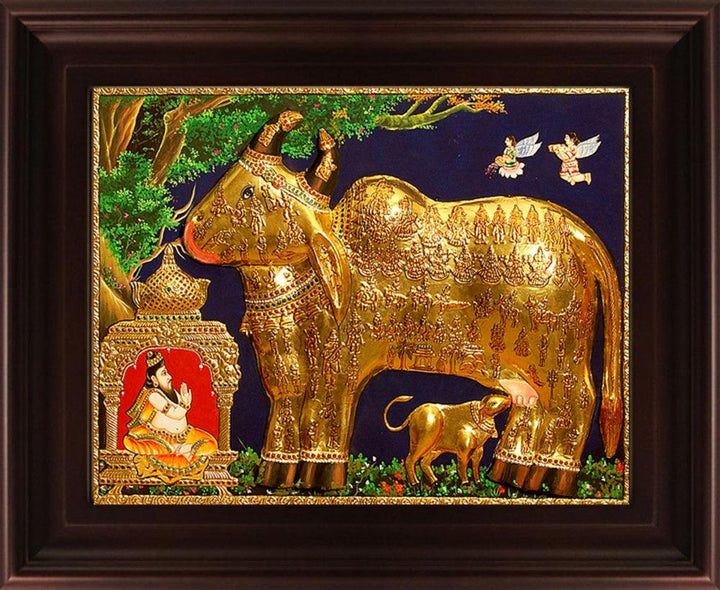 Kamadhenu Gold Tanjore Painting Traditional Art by Myangadi | ArtZolo.com
