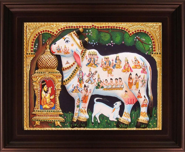 Kamadhenu White Tanjore Painting Traditional Art by Myangadi | ArtZolo.com