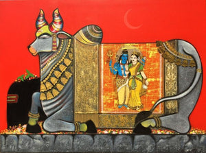 Religious acrylic painting titled 'Kamdhenu', 36x48 inches, by artist Ashok Rathod on Canvas