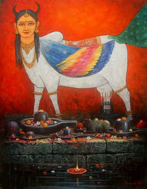 Figurative acrylic painting titled 'Kamdhenu', 36x48 inches, by artist Paramesh Paul on Canvas