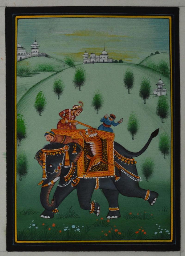 King Hunting A Tiger With Sainik Traditional Art by Unknown | ArtZolo.com
