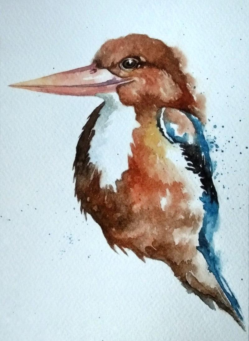 Animals watercolor painting titled 'Kingfisher', 8x5 inches, by artist Anjana Sihag on Paper