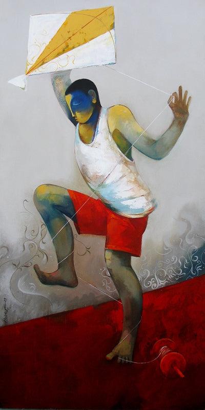 Figurative acrylic painting titled 'Kite', 24x48 inches, by artist Sachin Akalekar on Canvas