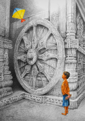 Figurative mixed media painting titled 'Kite', 22x30 inches, by artist Milind Varangaonkar on Paper