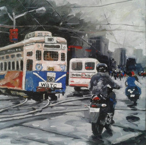 Cityscape acrylic painting titled 'Kolkata 11', 12x12 inches, by artist Raju Sarkar on Canvas