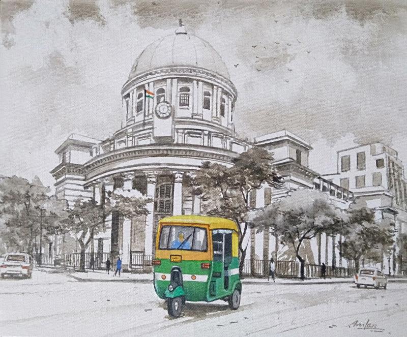 Cityscape acrylic painting titled 'Kolkata Street 2', 16x20 inches, by artist Amlan Dutta on Canvas