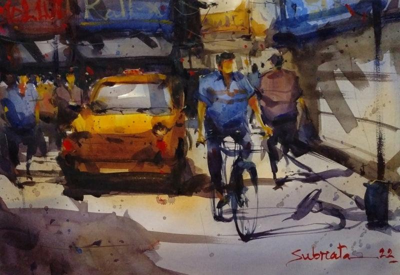 Cityscape watercolor painting titled 'Kolkata Street', 15x22 inches, by artist Subrata Malakar on Paper