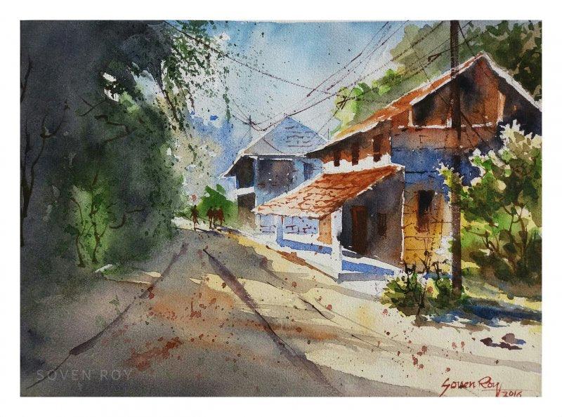 Landscape watercolor painting titled 'Konkan House', 14x10 inches, by artist Soven Roy on Paper