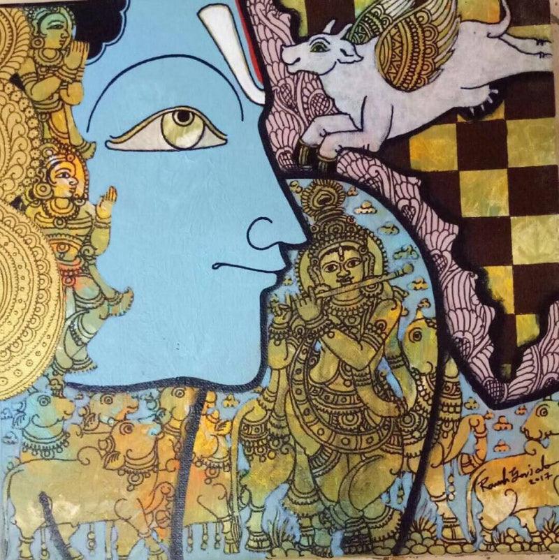Religious acrylic painting titled 'Krishna 1', 12x12 inches, by artist Ramesh Gorjala on Canvas