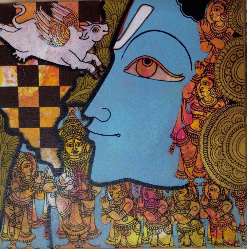 Religious acrylic painting titled 'Krishna 2', 12x12 inches, by artist Ramesh Gorjala on Canvas