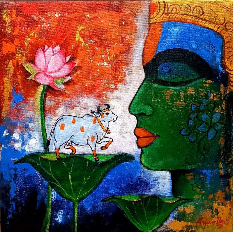 Religious acrylic painting titled 'Krishna 2', 18x18 inches, by artist Arjun Das on Canvas