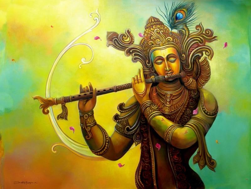 Religious acrylic painting titled 'Krishna 2', 40x54 inches, by artist Sudip Routh on Canvas